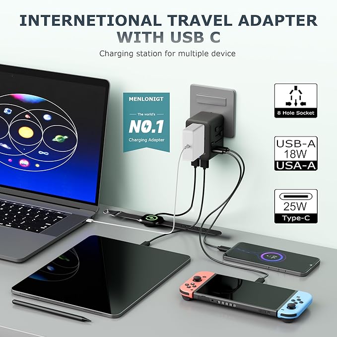 2026 New MENLONIGT Universal Travel Adapter, International Power Plug Adapter with 2 USB-C and 2 USB-A Ports, All-in-One Worldwide Wall Charger for USA EU UK AUS (Black)