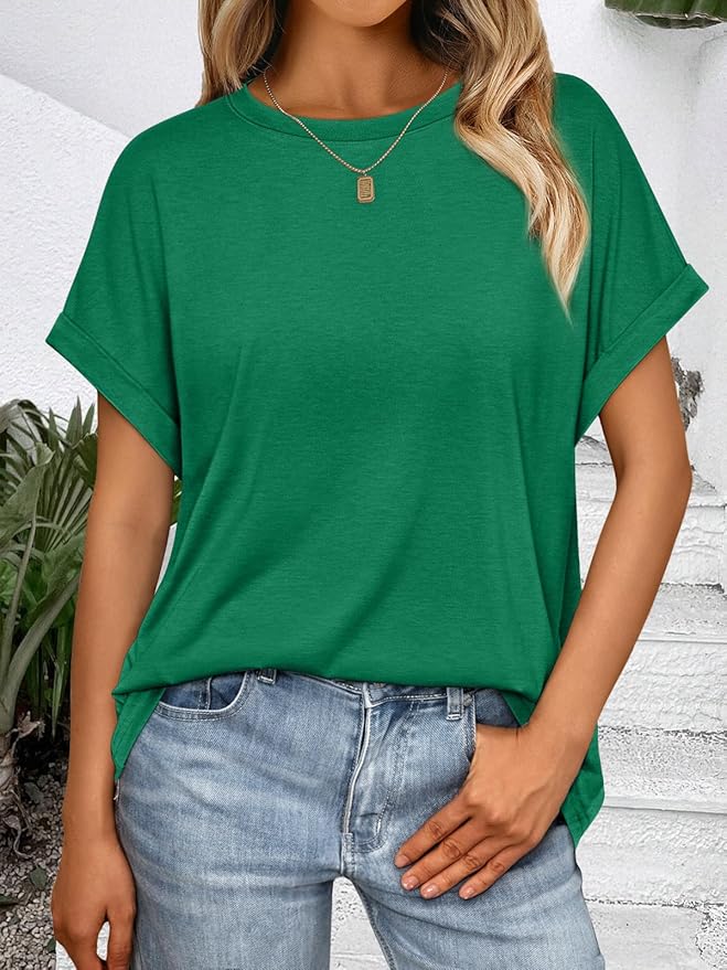 AUTOMET Women's Oversized Short Sleeve T Shirts Casual Drop Shoulder Rolled Cuff Summer Tops for Work, Travel and Lounge