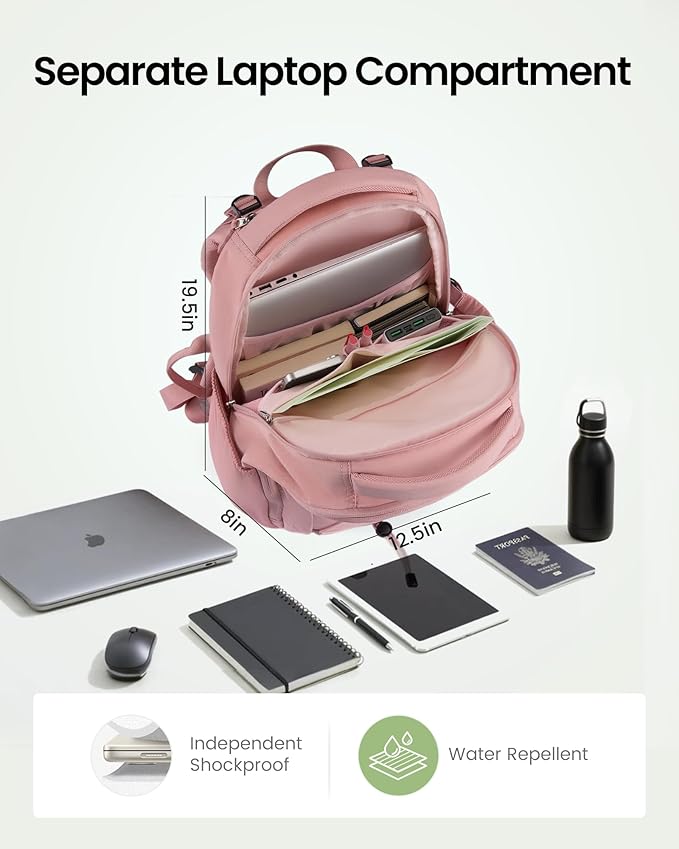 LOVEVOOK Everyday Laptop Backpack for Women Men With Giant Tumbler Holder,17 Inch Classic Travel Work College Teacher Carry on Backpack Purse,Waterproof Computer laptop Bag Hiking Backpack,Light Pink