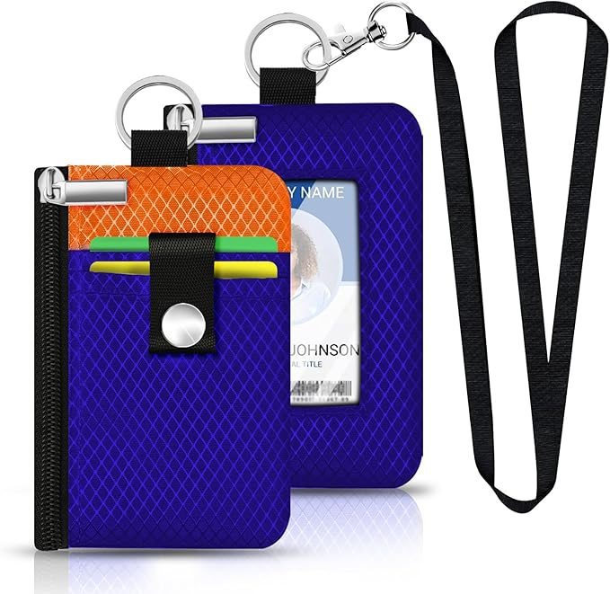 Minimalist RFID Blocking Small Wallet with ID Window,WaterResistant Zip Id Case Wallet with Lanyard Keychain for Cards,Cash,Travel,Women,Men (Sapphire Blue/Orange)