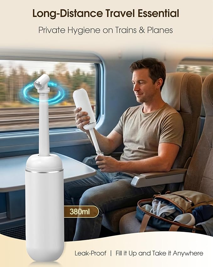 Portable Bidet for Travel & Camping - Manual Squeeze Handheld Peri Bottle for Feminine Hygiene, 3 Leak-Proof Seals, Extendable Sprayer with Rotating Nozzle for Men & Women (White, General)