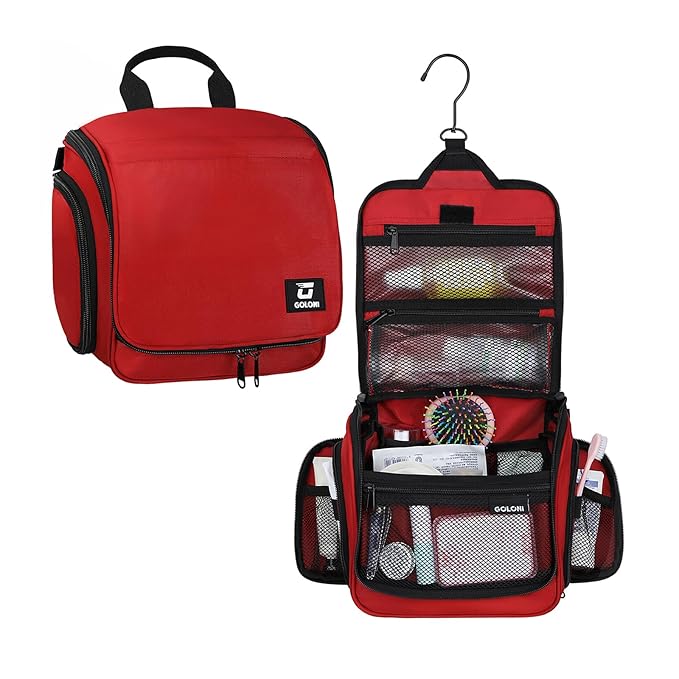 Goloni Hanging Toiletry Bag, 10 Compartments Water-Resistant Makeup Bag with 360° Spinning Metal Hook, Large Travel Cosmetic Organizer for Men & Women, Red (7.05oz)