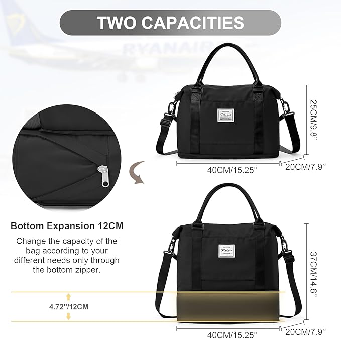 Travel Duffel Bag, 18x14x8 Inches Travel Bag Spirit with Shoes Compartment, Weekender Overnight Bag for Women with Trolley Sleeve, Carry On Bag for Airplanes Sport Tote Gym Bag (Black).