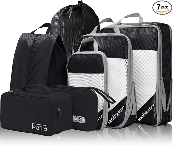 NICOSHOW 7 Set Compression Packing Cubes for Travel - Compressible, Lightweight, and Space-Saving Packing Cubes, Travel Essentials for Women, Black