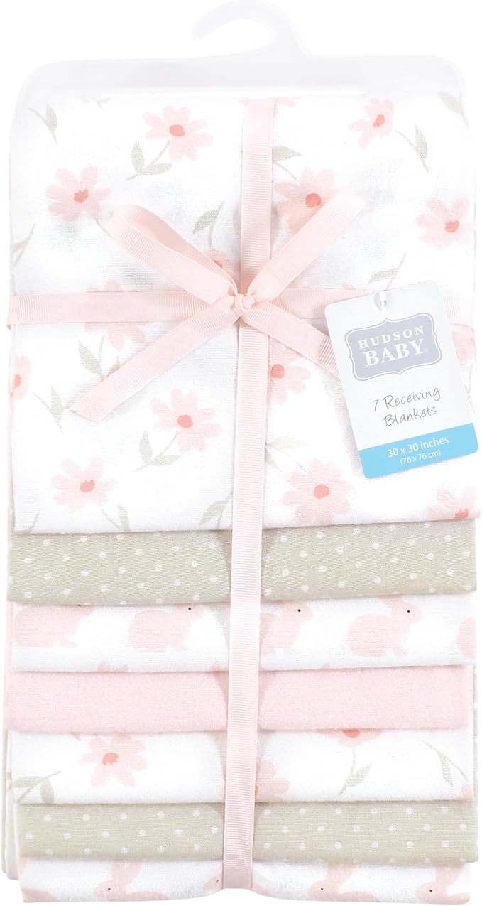 Hudson Baby Unisex Baby Cotton Flannel Receiving Blankets Bundle, Pink Honey Bunny, One Size