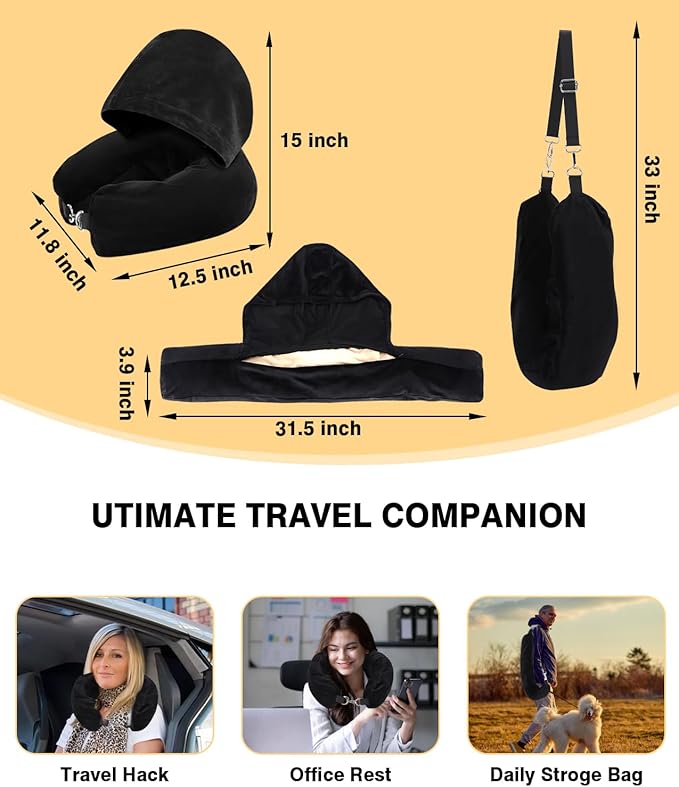 Stuffable Travel Neck Pillow with Hood, Soft Velvet Pillow Stuffable with Clothes, Adjustable Neck Size, Multifunctional Fillable Airplane Travel Neck Pillow for Extra Luggage