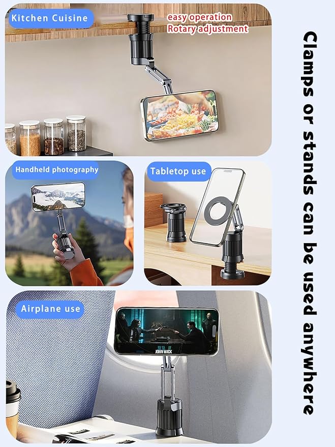 Airplane phone holder,Aluminum phone stand ,Travel Essentials Phone Holder for Magnetic,1080°Degree Rotation,Clamping device for free hands，vacuum magnetic phone stand,Accessories Compatible with All