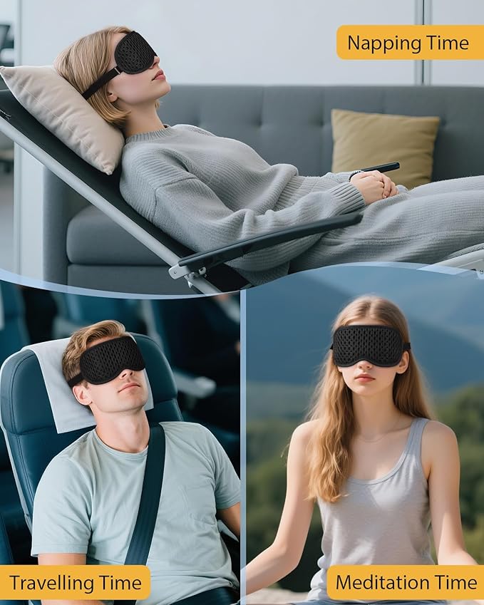 Sleep Mask with 3D Contoured Cup for Men Women, Eye Mask for Sleeping, Soft Breathable Sleeping Mask with Adjustable Elastic Strap for Travel Flight Nap (Black)