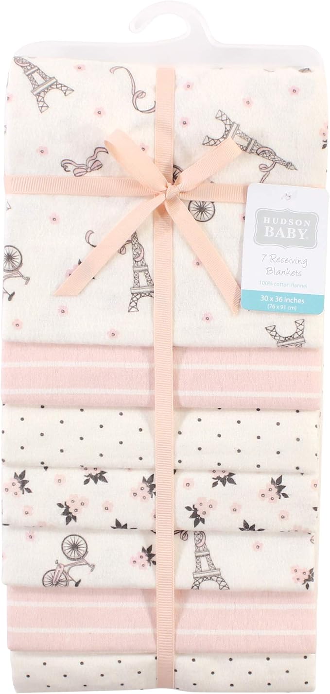 Hudson Baby Unisex Baby Cotton Flannel Receiving Blankets Bundle, Paris, One Size