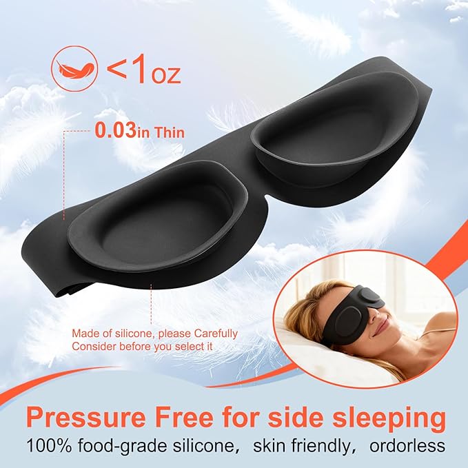 TSYL Travel Sleep Mask: Ultra Lightweight 3D Contoured Sleep Eye Mask Relieves Dry Eyes, Full Silicone, Compression-Proof Total Blackout Eye Cover for Daytime Sleep Side Sleep