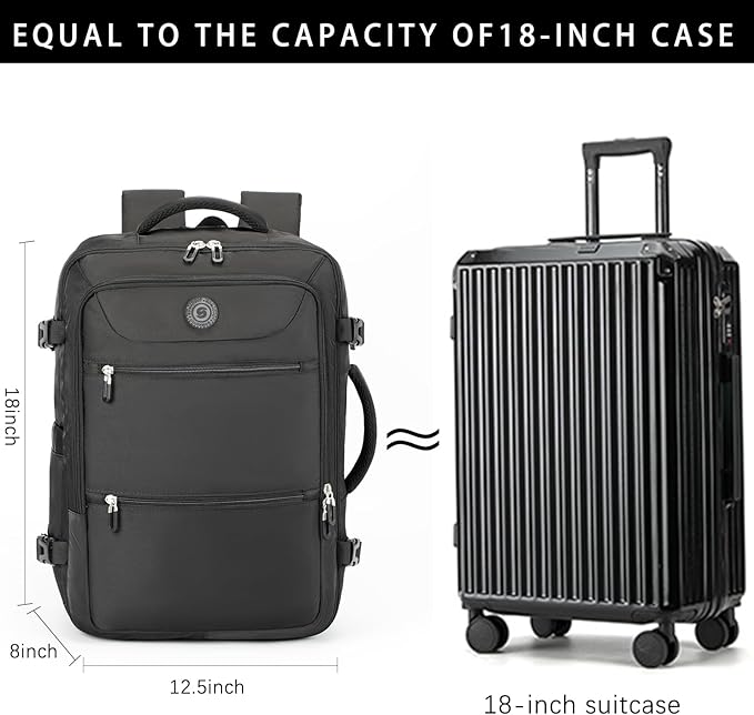 SHRRADOO Travel Backpack for Women & Men,Airline Approved Carry On Luggage,TSA Overnight Bags,40L Personal Item Travel Bag fits 17" Laptop,Carry on Bag with Underwear Bag Cosmetic Bag Set 3pcs (Black)