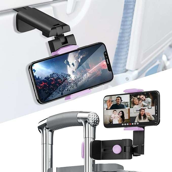 Universal Airplane Travel Phone Holder: Travel Essentials Phone Mount for Desk with Multi-Directional 360 Degree Rotation, Trip Accessories Must Haves Phone Holder for Flying, Table (Purple)