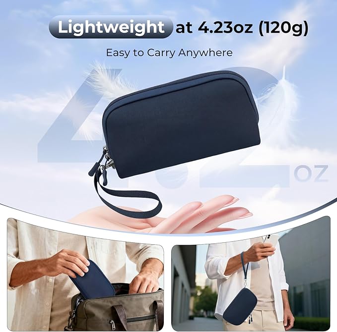 FYY Travel Cable Organizer - 8 Compartments Lightweight Water Resistant Tech Pouch with Wrist Strap, Electronic Accessories Case for Cord Charger Storage for Travel Home Office, Navy (Medium)