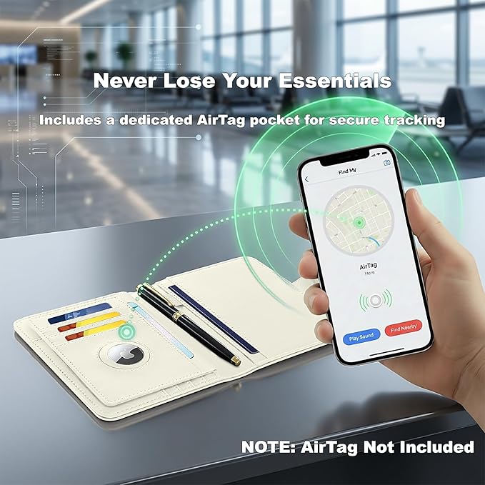 Passport Holder for Travel, RFID Blocking Leather Airtag Wallet for Women Men, Large Passport Cover Essentials Gift, Tickets, Cash, Photo, Sim Card Pen Slot, White