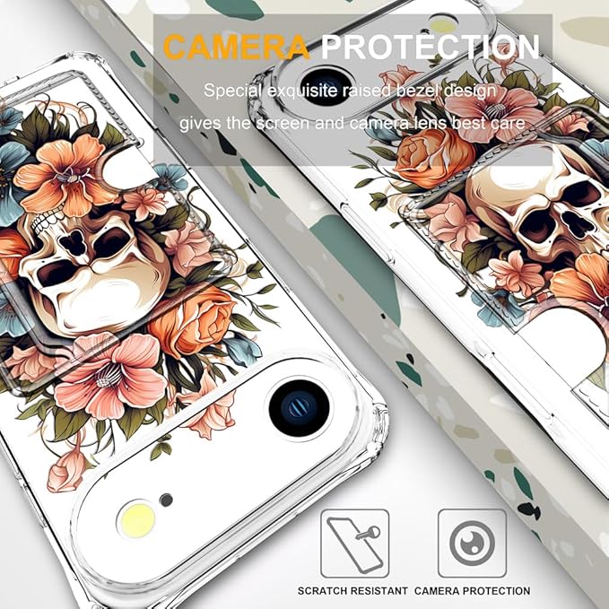 Compatible with iPhone 17 Air Case Card Holder for Women Cute Design,Wallet Phone Cases Transparent Cool Kawaii Protective (Clear Skull & Flowers)