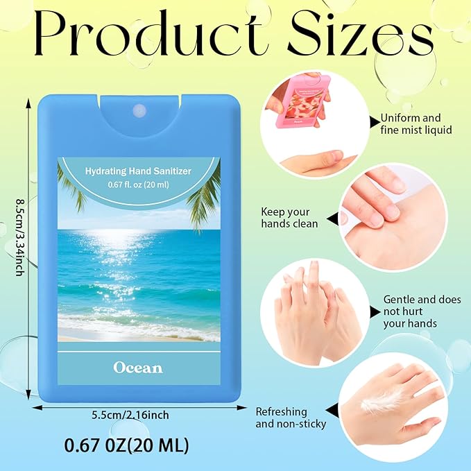 Set of 3 Power Mist Hydrating Hand Sanitizer Spray Bulk Travel Size Refreshing Hand Sanitizer 0.67 Fl. oz Compact Card Spray Bottle Peach Lemon Ocean Scent for Summer Party Favors Family Gifts