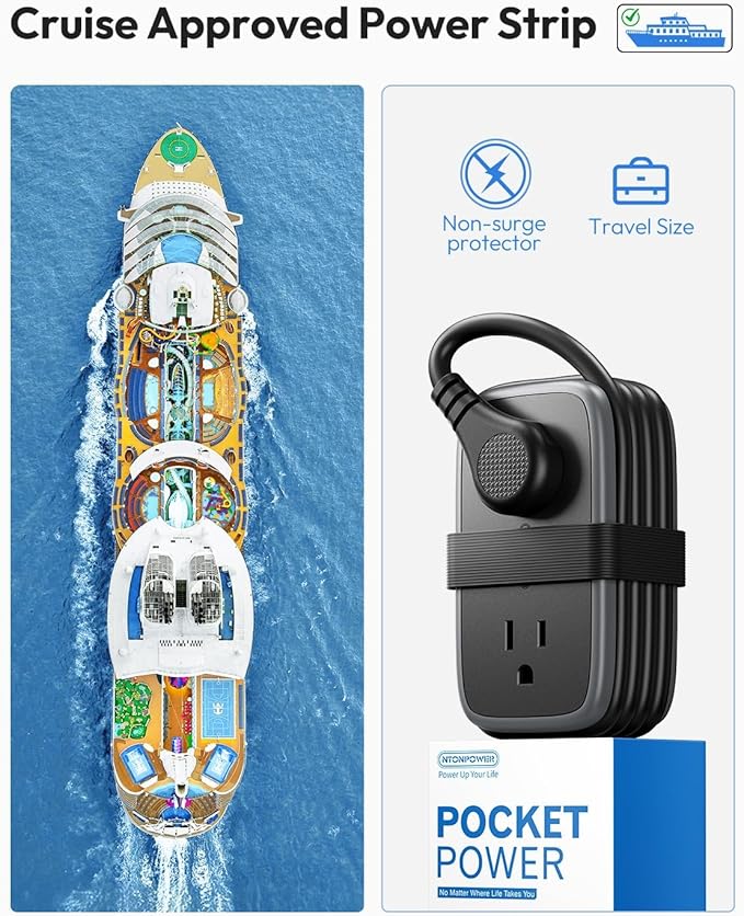 Travel Power Strip with USB Ports, NTONPOWER 4ft Flat Plug Wrapped Around Short Extension Cord with 4 Outlets 3 USB Ports, Compact for Cruise Travel Essential Hotel Home Office, Black