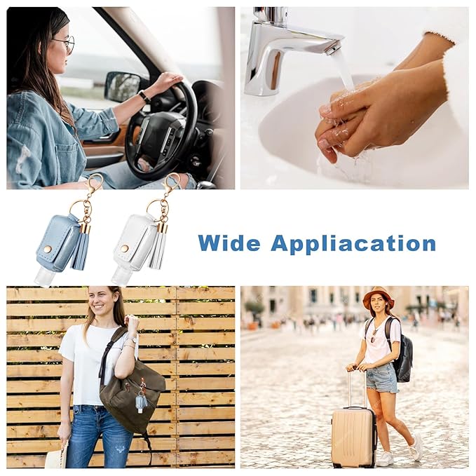 2Pcs Portable Leather Hand Sanitizer Holder, Travel Size Keychain Refillable Bottle for Toiletry Lotion Liquid Soap Shampoo (Blue, White)
