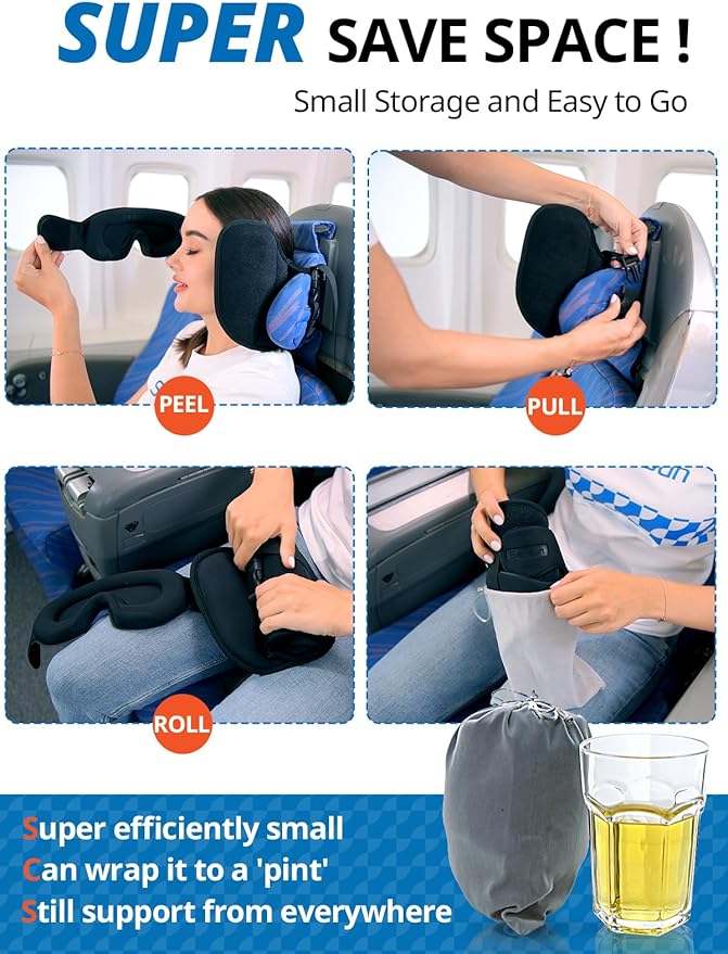 SARISUN Upgraded Travel Pillow, U-Shaped Airplane Head Strap for All Heights, 360° Support, 3D Sleep Mask, 100% Light Blocking, Long Flights Essentials Headrest, Stop Bobblehead, Grey