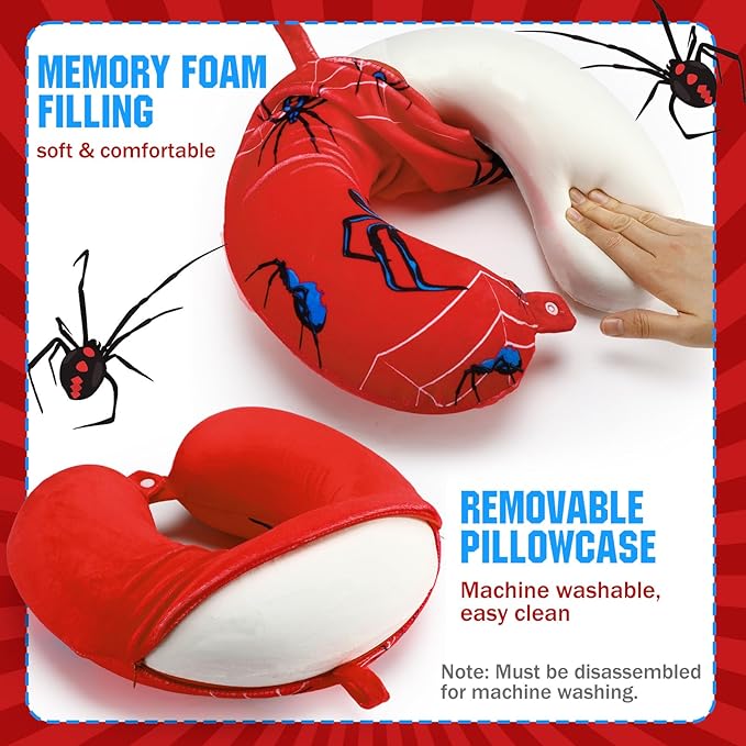 Gilprop 2 Pcs Spider Travel Pillow with Sleep Eye Mask, U Shaped Memory Foam Headrest & Neck Pillow with Washable Cover, Soft Neck Head Support Travel Accessories for Airplane Car Train Bus Trips