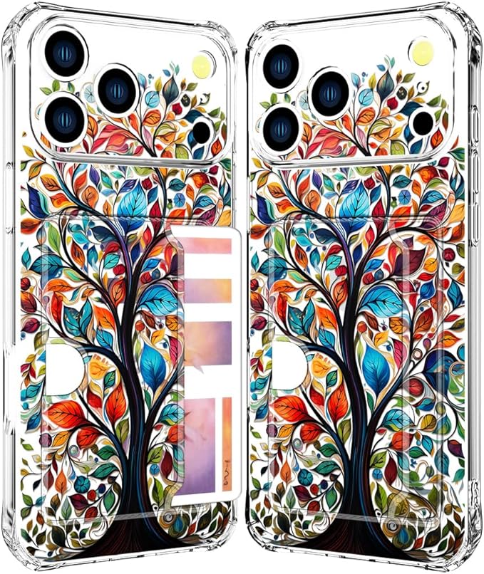 Compatible with iPhone 17 Pro Max Case Card Holder for Women Cute Design,Wallet Phone Cases Transparent Cool Kawaii Protective (Clear Tree Colorful Leaves)