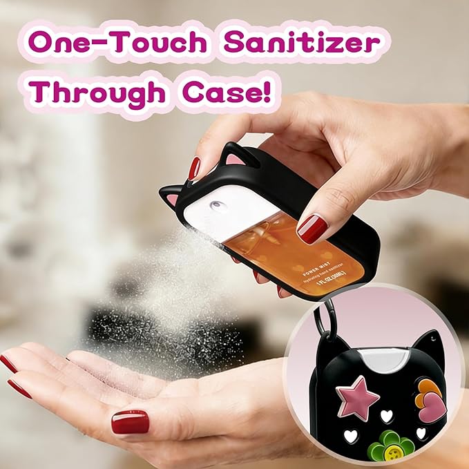 Cat Silicone Case with Keychain & Charms for Touchland Hand Sanitizer Spray, Protective Holder Compatible with Power Mist & Glow Mist 1 FL Oz/30ML
