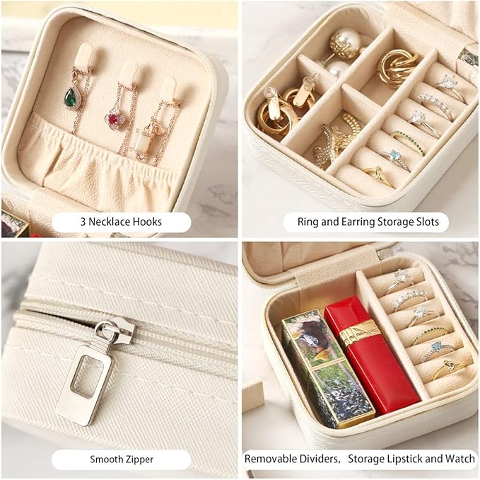 ZPROW Travel Jewelry Case, Mini Portable Jewelry Travel Boxes, Small Jewelry Organizer for Rings, Earrings, Pendants, Watches, Necklaces, Lipsticks Organizer Storage Holder Case (White)