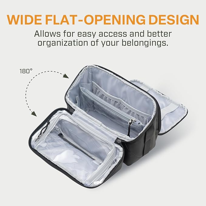 Everfun Compact Toiletry Bag for Men and Women Traveling, Wide Open Shaving Dopp Kit, Water Resistant Makeup Organizer Hygiene Bag with Wet Dry Compartment - Black, Medium