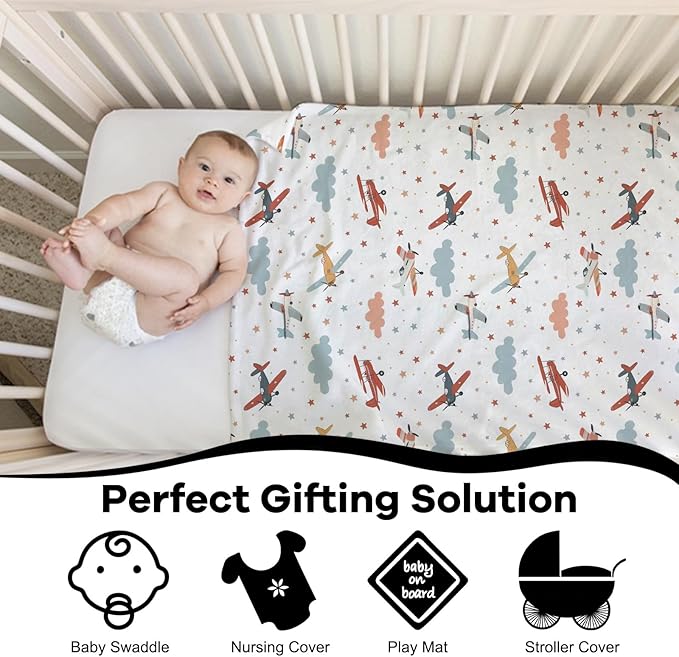 Unisex Plane Nursery Baby Throw Gift Blanket for Boys Girls, Cartoon Planes Clouds Stars Pattern Swaddle Receiving Bed Blanket for Newborn Toddlers Kids-30x40