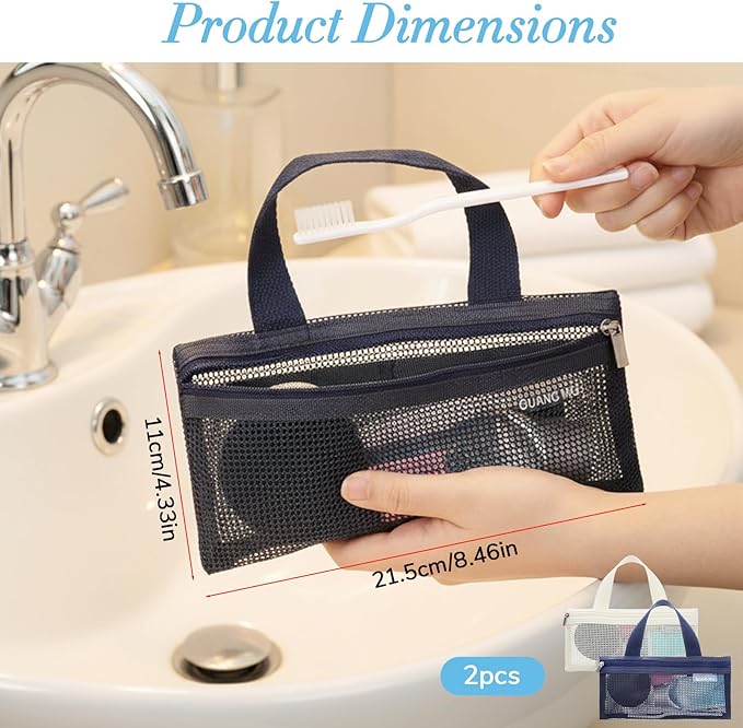 InnoHHustle 2 PCS Toothbrush Pouch, Mini Travel Toiletry Bags Portable Mesh Zipper Makeup Bag Travel Toothbrush Bag Square Mesh Storage Bags with Zipper for Men and Women (Beige, Blue)