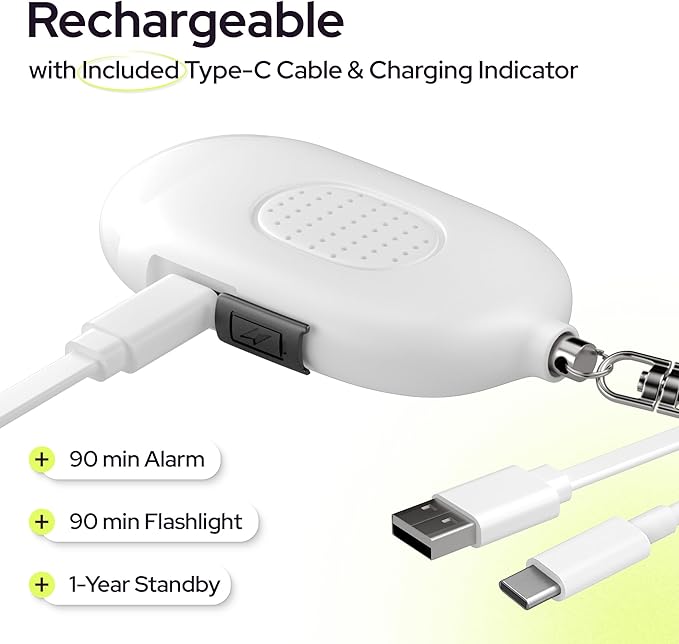 Weten Rechargeable Personal Alarm Keychain - 130dB Siren & LED Light - Stylish Personal Safety Alert for Women to Carry - Panic Button Alarm for Security - Rape Whistle for Self Defense (White)