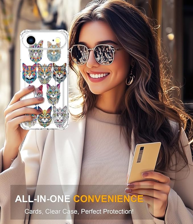 Compatible with iPhone 17 Air Case Card Holder for Women Cute Design,Wallet Phone Cases Transparent Cool Kawaii Protective (Clear Tattoo Cats Animal)
