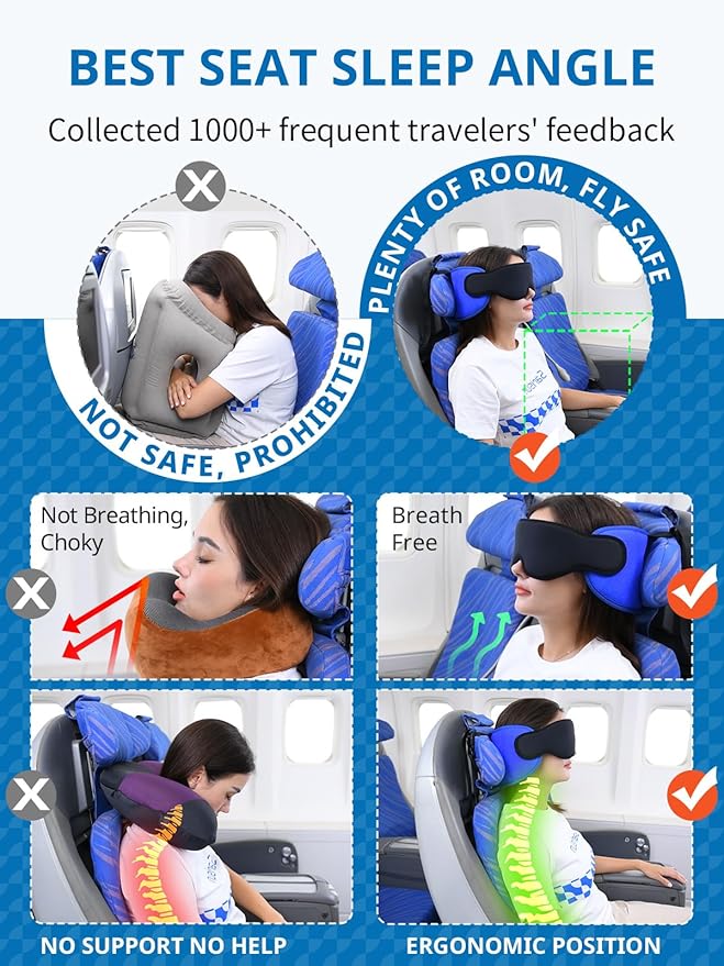 SARISUN Travel Pillows for Airplanes, 360° Support Headrest Pillow with Eye Mask for Sleeping, Travel Airplane Pillow for Long Flights Car Road Trip, Travel Accessories Stop Bobblehead, Black