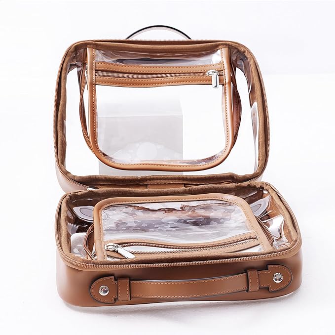 SANHECUN traveling toiletry case clear cosmetics case makeup bag (Brown, Small)