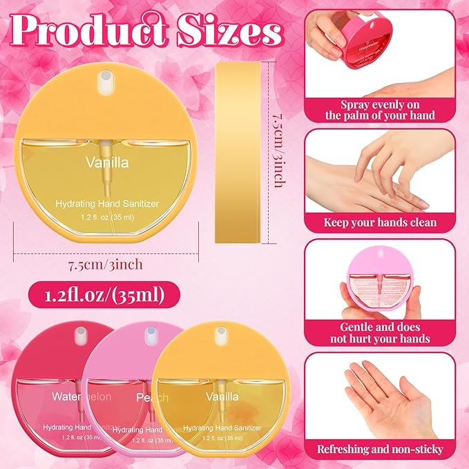 Set of 3 Power Mist Hydrating Hand Sanitizer Spray Travel Size Moisturizing Hand Sanitizer 1.2 Fl. oz Compact Round Spray Bottle Vanilla Peach Watermelon for Women Mother's Day Mom Gifts