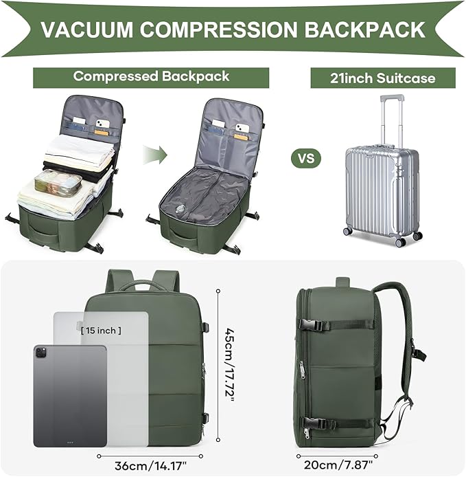 coowoz Vacuum Backpack Travel with Pump,Travel Backpack with Vacuum System For Women Men,Carry On Backpack,Hiking Backpack Waterproof Outdoor Sports Rucksack Casual Daypack,33L(Vacuum pump)