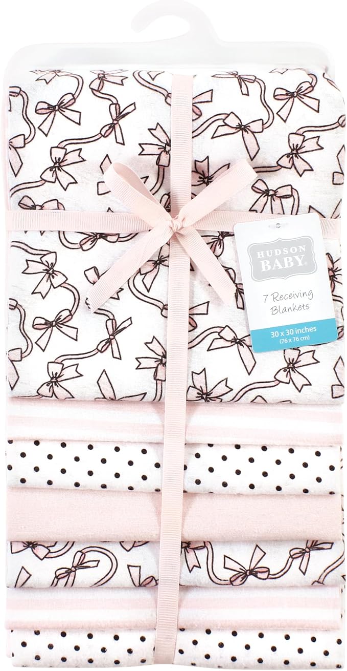 Hudson Baby Unisex Baby Cotton Flannel Receiving Blankets Bundle, Pink Bows, One Size