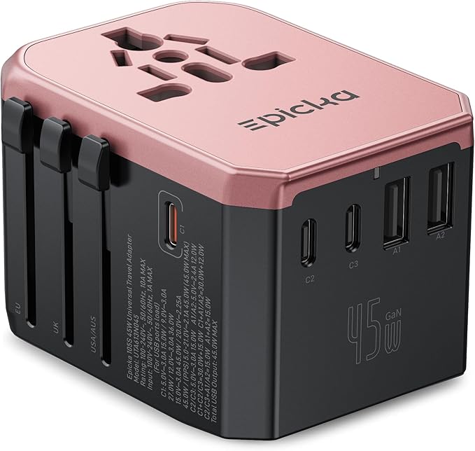 EPICKA Universal Travel Adapter GaN 45W, European Travel Plug Adapter with PD&QC Fast Charging(2 USB-A & 3 USB-C Ports) - Worldwide Travel Essentials, International Power Adapter for UK/US/AU