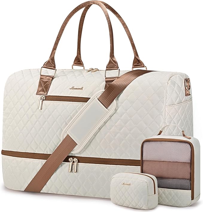 LOVEVOOK Travel Duffle Bag for Women, Weekender Overnight Bag with Shoe Compartment, Carry on Bag with Toiletry Bag, Gym Duffel Bag with Wet Pocket, Hospital Bags for Labor and Delivery 3 Pcs Set