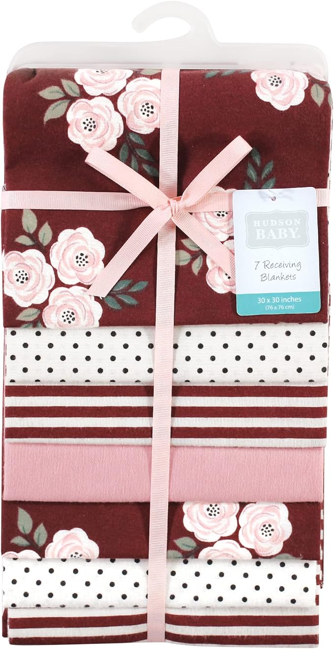 Hudson Baby Unisex Baby Cotton Flannel Receiving Blankets Bundle, Burgundy Floral, One Size