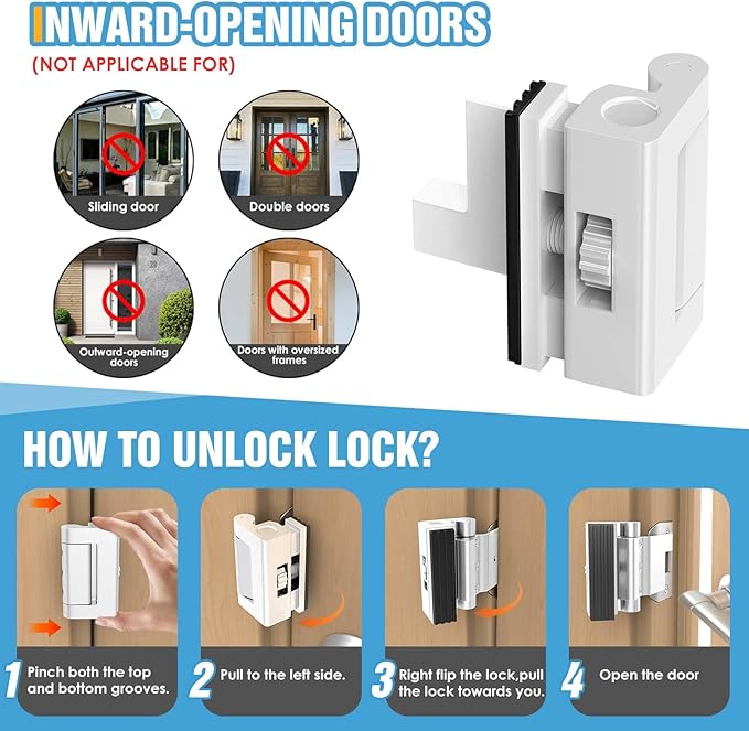 Upgraded Portable Door Lock for Travel & Home - No Drill Anti-Kick Door Reinforcement Lock with 800lbs Strength, Fits Inward Swing Doors, White