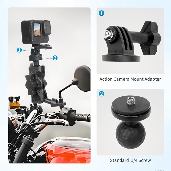 Bike Motorcycle Camera Mount Bundle Kit, 1/4 Screw & Tripod Mount Adapter, 360°Swiveling Ball Head Base -Rotating Ball Head Clamp Arm for lnsta36o X5/X4/X3/X2, Rearview Mirror(0.39“) 75014