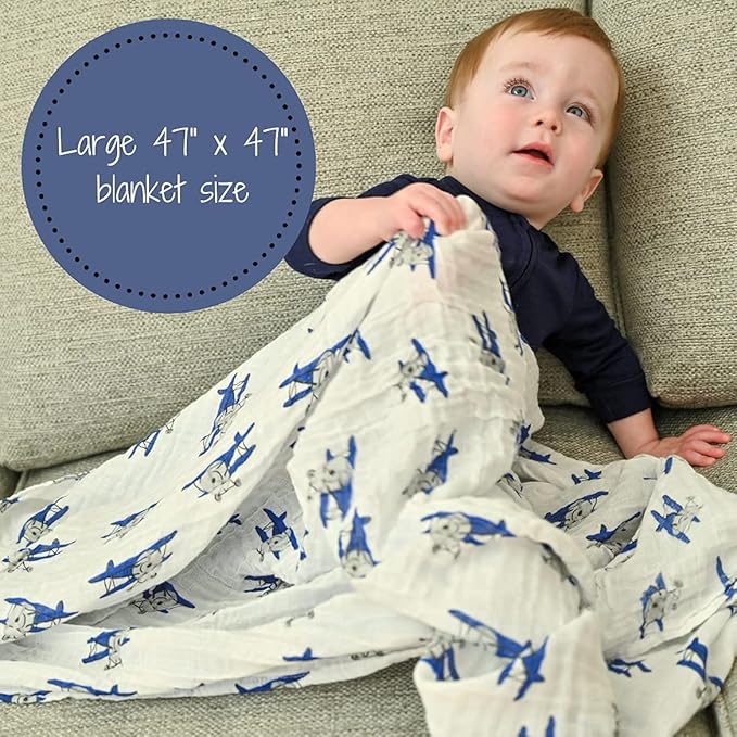 LollyBanks 3 Pack Muslin Swaddle Blanket, 100% Muslin Cotton Soft Swaddle Blankets for Baby Boys, 47 X 47 Inches Cozy Swaddles for Newborns, Baby Essentials, Registry (Trucks Airplanes and Trains)