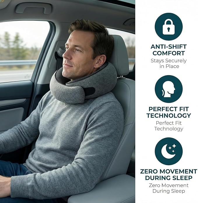 Travel Neck Pillow for Airplane - 100% Memory Foam 360° Ergonomic Support - Adjustable Velcro, Washable Velvet Cover & Compact Storage Case - Flight Essentials for Sleeping(Grey)