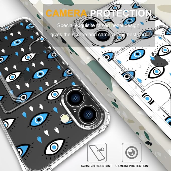 Compatible with iPhone 16 Case Card Holder for Women Cute Design,Wallet Phone Cases Transparent Cool Kawaii Protective (Clear Blue Evil Eyes)