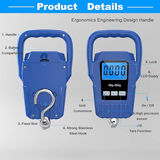 Digital Fish Scale Hanging Scale Fishing Scale,110lb/50kg Luggage Scale,Upgrade Large Handle & Backlit LCD Display, Electronic Balance Digital Fishing Postal Scale,Blue,Fishing Gifts for Men