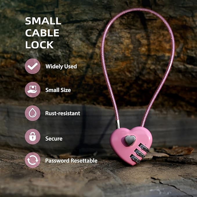 Small Cable Lock with Combination, Combo Lock with Code, Pink Cable Padlock for Luggage, Cabinet, Closet, French Fridge Door, Stroller, Bike Helmet, Pet Cage, Pool Gate, Outdoor Fence