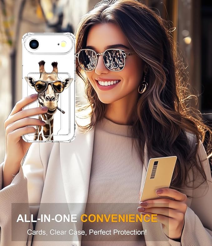 Compatible with iPhone 17 Air Case Card Holder for Women Cute Design,Wallet Phone Cases Transparent Cool Kawaii Protective (Clear Giraffe Smoking Animal)