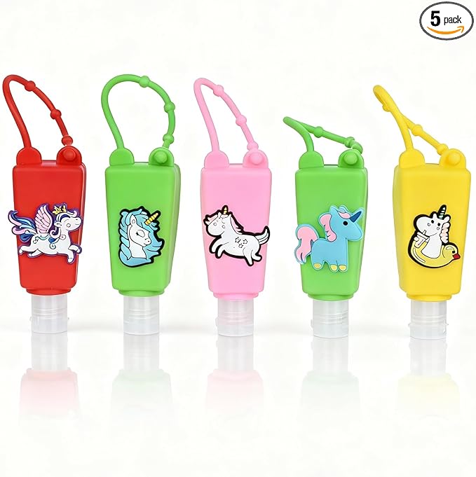 5-Pack Cartoon Kids Hand Sanitizer Holder, 30ml Travel Size Refillable Bottles with Silicone Case, Leak-Proof Portable Containers for Lotion & Liquid Soap (Magic Unicorn)