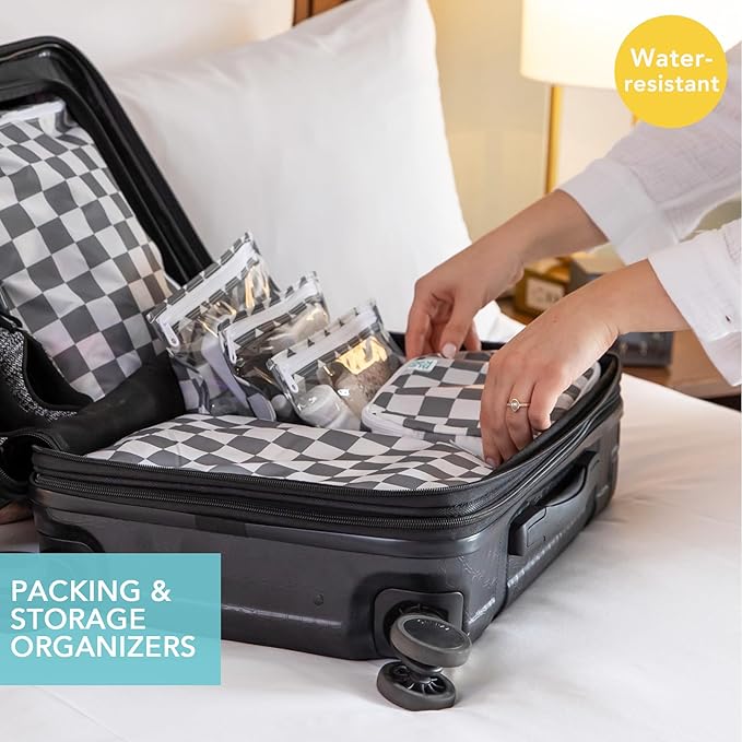 Bumkins Packing Cubes and TSA Approved Pouches for Travel Bag, Organize Luggage with Compression Bag, Essential Traveling Accessories to Pack Clothes, Toiletries Carry On Suitcase, 5-pc Gray Check